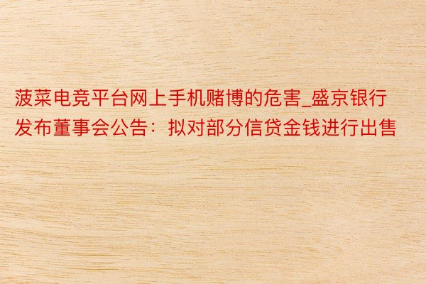 菠菜电竞平台网上手机赌博的危害_盛京银行发布董事会公告：拟对部分信贷金钱进行出售
